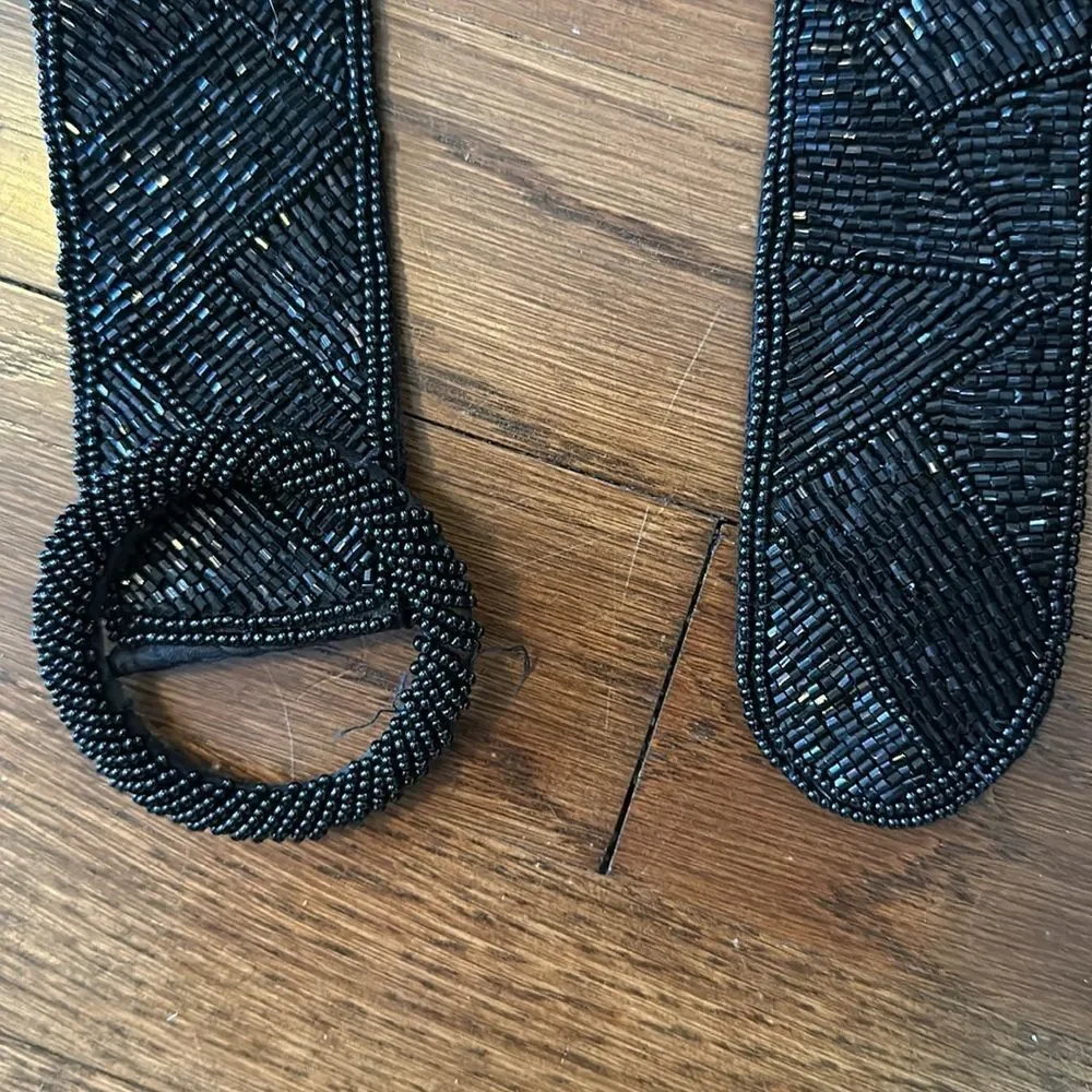 Vintage 80s Crown‎ Pacific black silk beaded dressy belt
